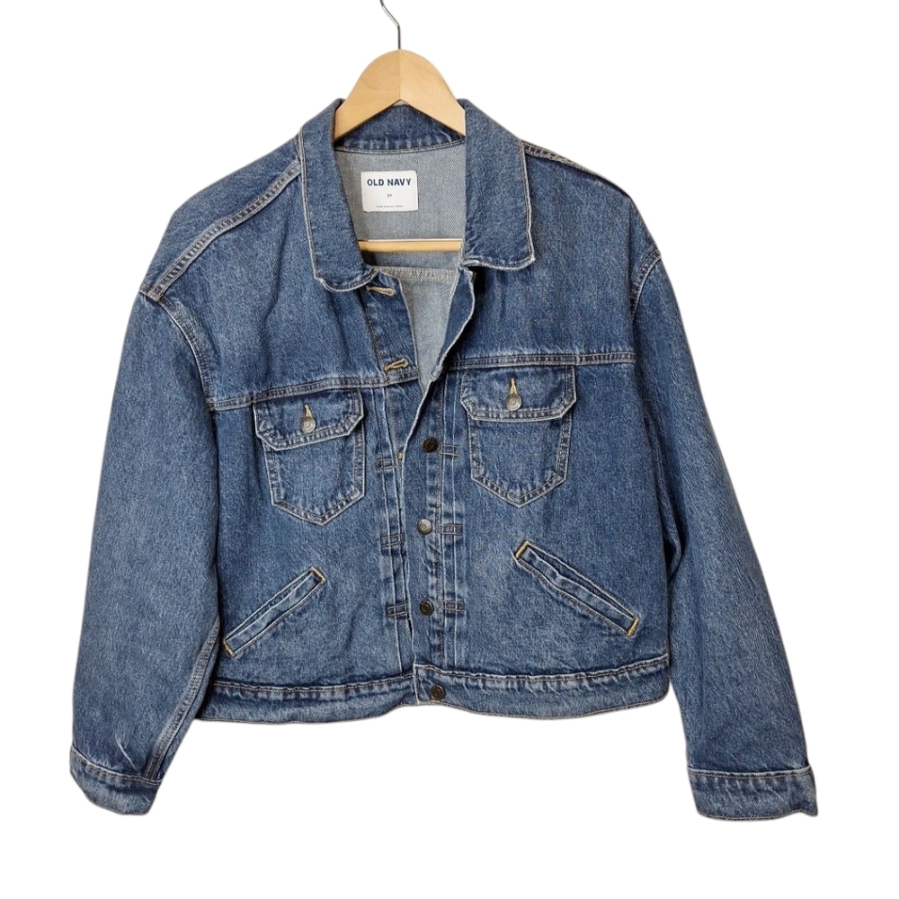 Old Navy‎ Womens Jean Trucker Jacket 2X Blue Denim Med Wash Cotton Distressed